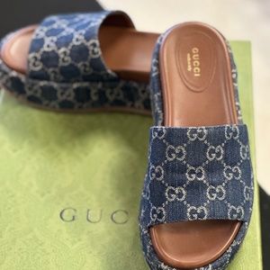Gucci Angelina GG Denim Platform Slides